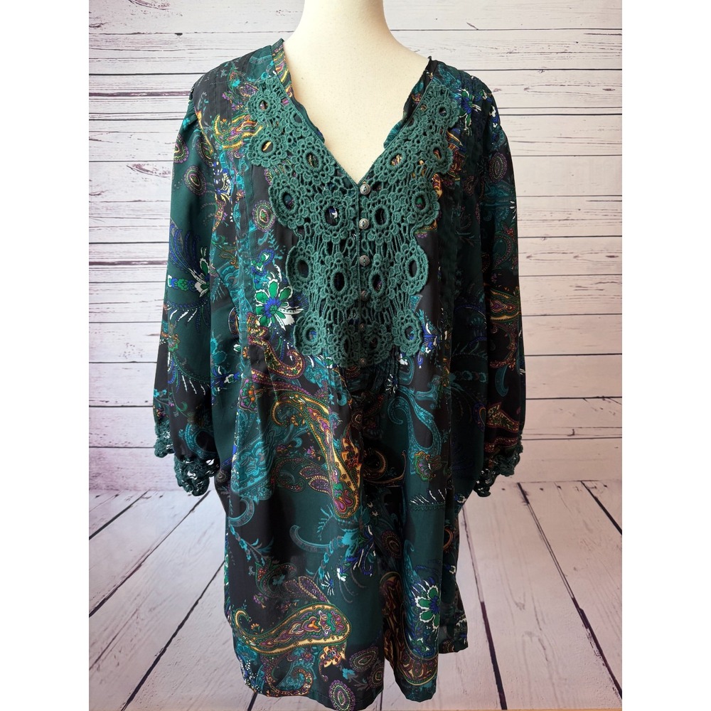 Denim 24/7 Juliet 28W Plus size‎ Tunic Top Pleated Blouse Sheer Crochet Paisley